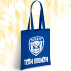 Blue tote bag with 'TAILS FC' and 'Team Hooman' design on a white background