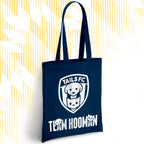 Navy blue tote bag with 'TAILS FC' and 'Team Hooman' logos on a white background