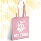 Pink tote bag with 'TAILSFC' and 'TEAM HOOMAN' text on a white background