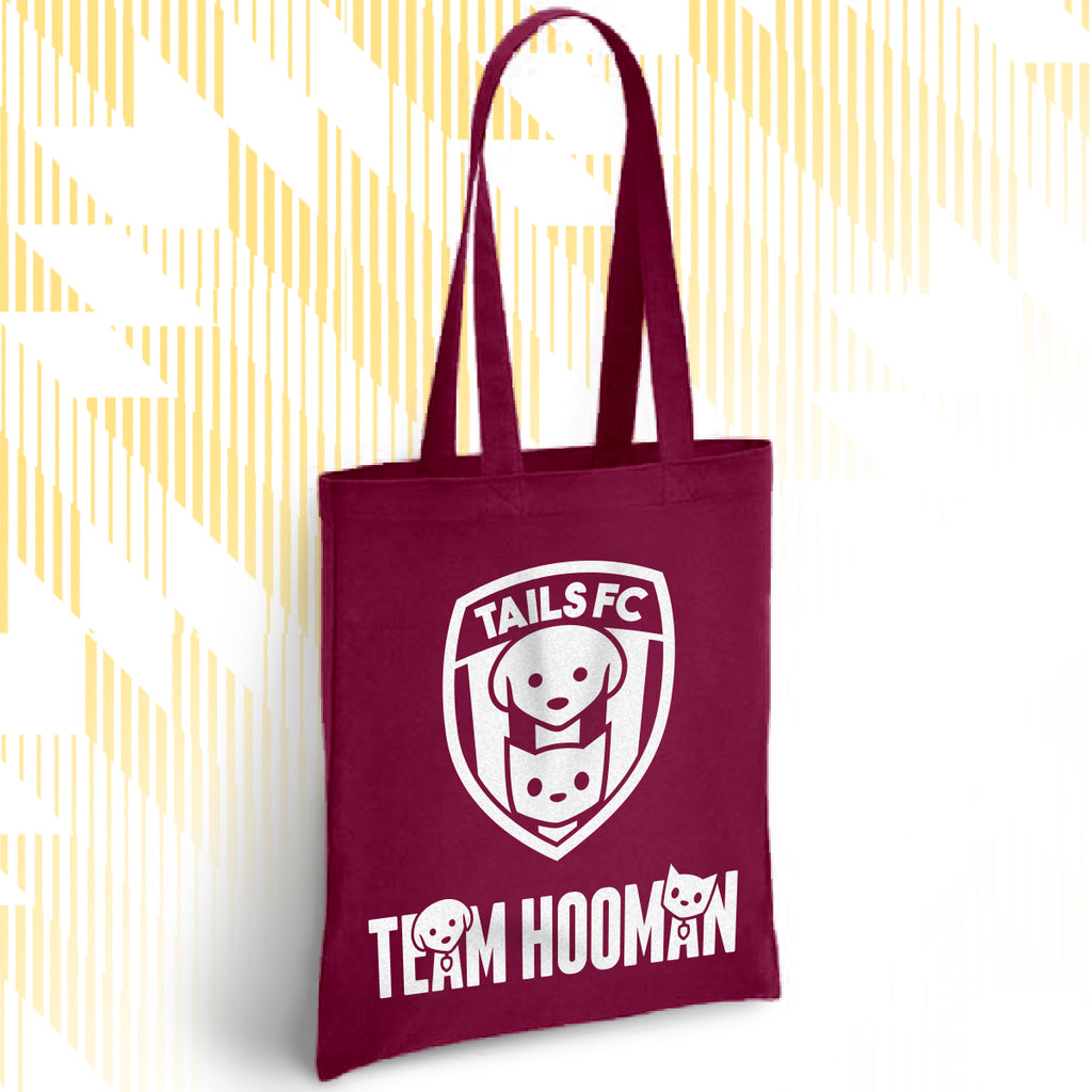 Maroon tote bag with 'TAILS FC' and 'Team Hooman' design on a white background