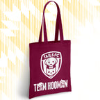 Maroon tote bag with 'TAILS FC' and 'Team Hooman' design on a white background