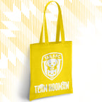 Yellow tote bag with 'TAILS FC' and 'TEAM HOOMAN' text on a white background