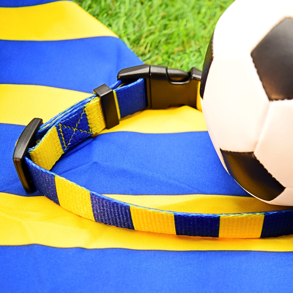 Leeds Dog Collar - Blue & Yellow Stripe Football Pet Collar