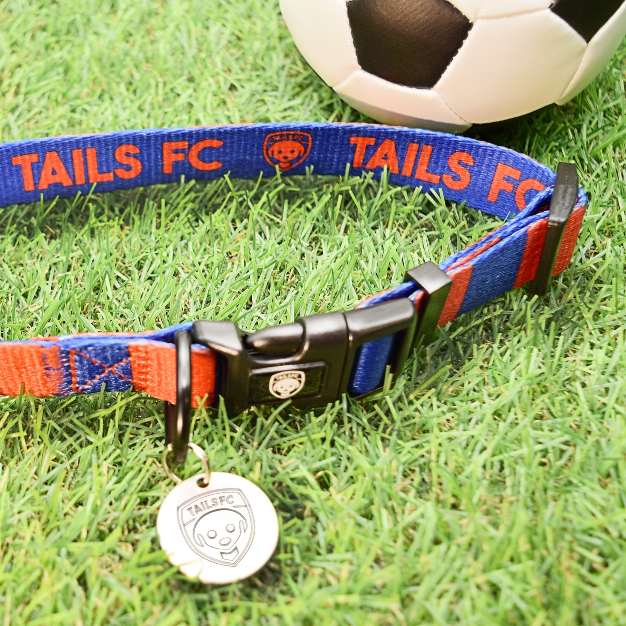 PSG Dog Set - Blue & Red Stripe Football Dog Collar and Leash Set