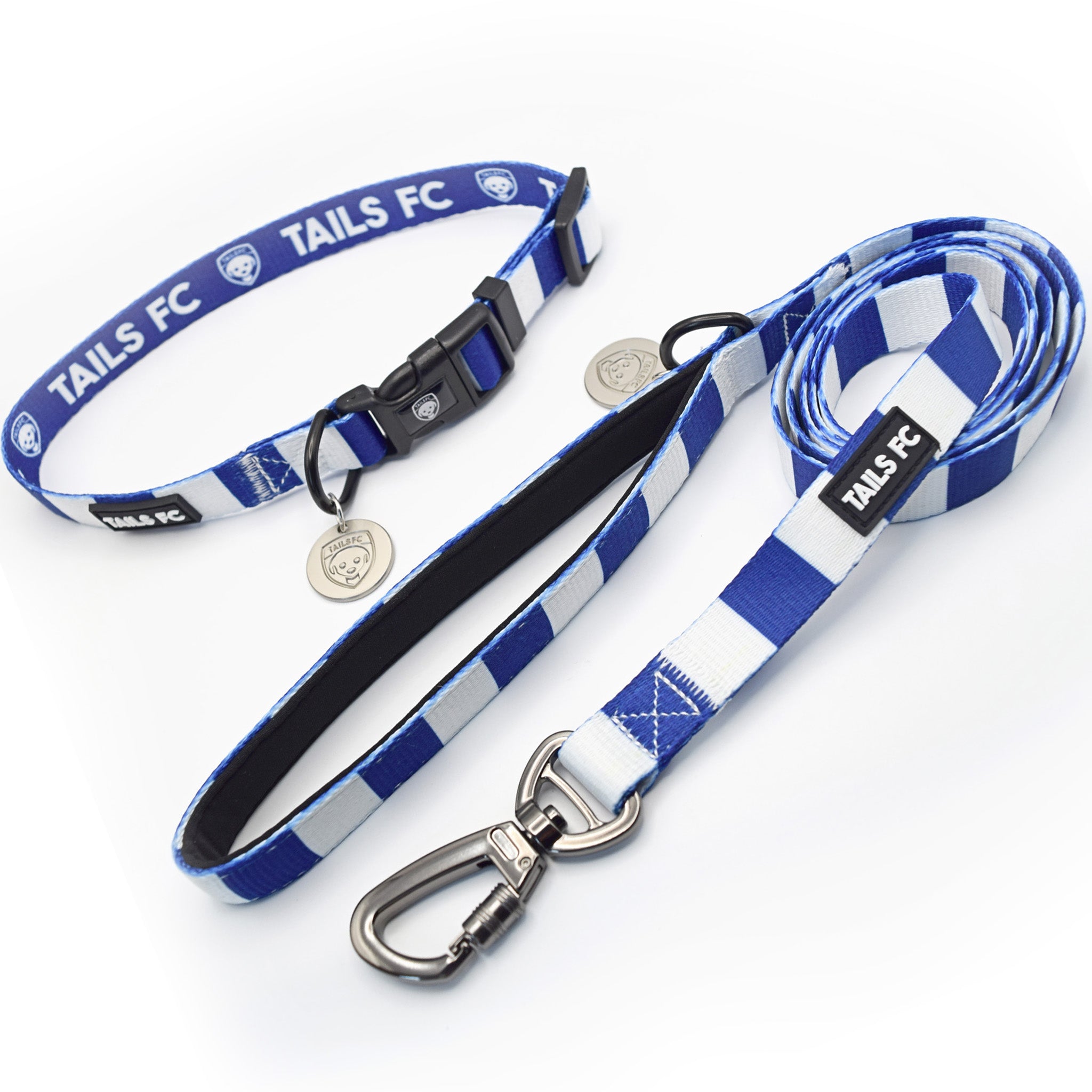 Real Madrid Dog Set - White & Blue Stripe Football Dog Collar and Leash Set