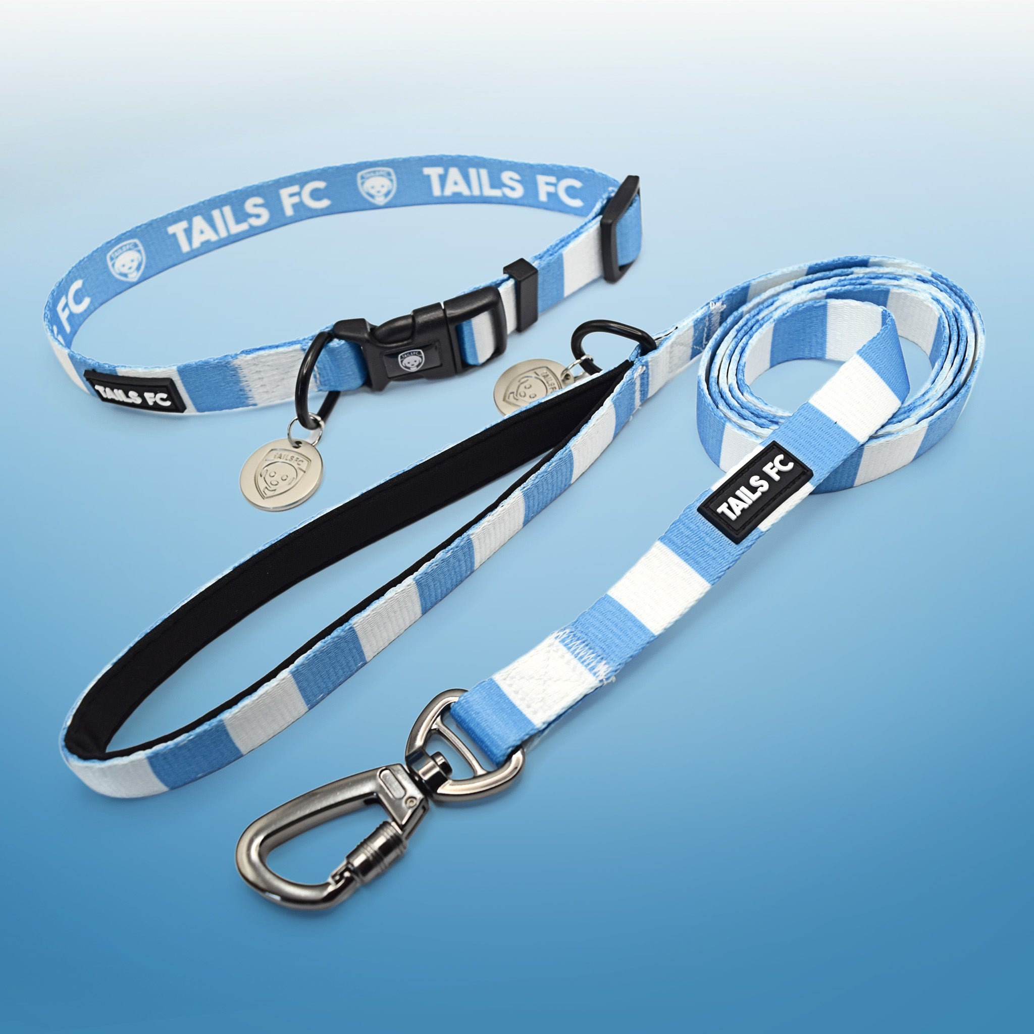 Sky Blue and White Dog Set - Sky Blue & White Stripe Football Dog Collar and Leash Set