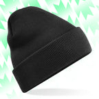 Tails FC Black beanie hat on a light green and white patterned background
