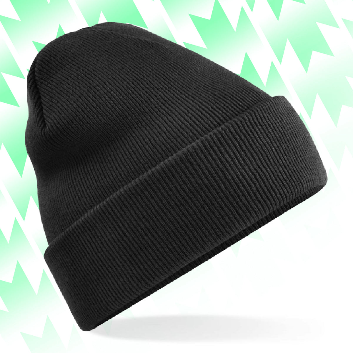 Tails FC Black beanie hat on a light green and white patterned background