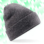 Tails FC Gray knit beanie on a light green and white patterned background