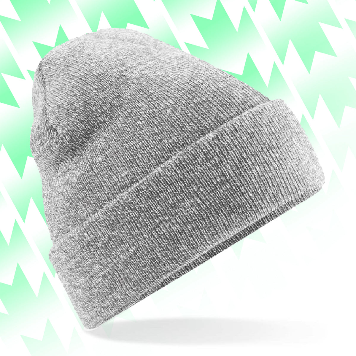 Tails FC Gray knit beanie on a light green and white abstract patterned background