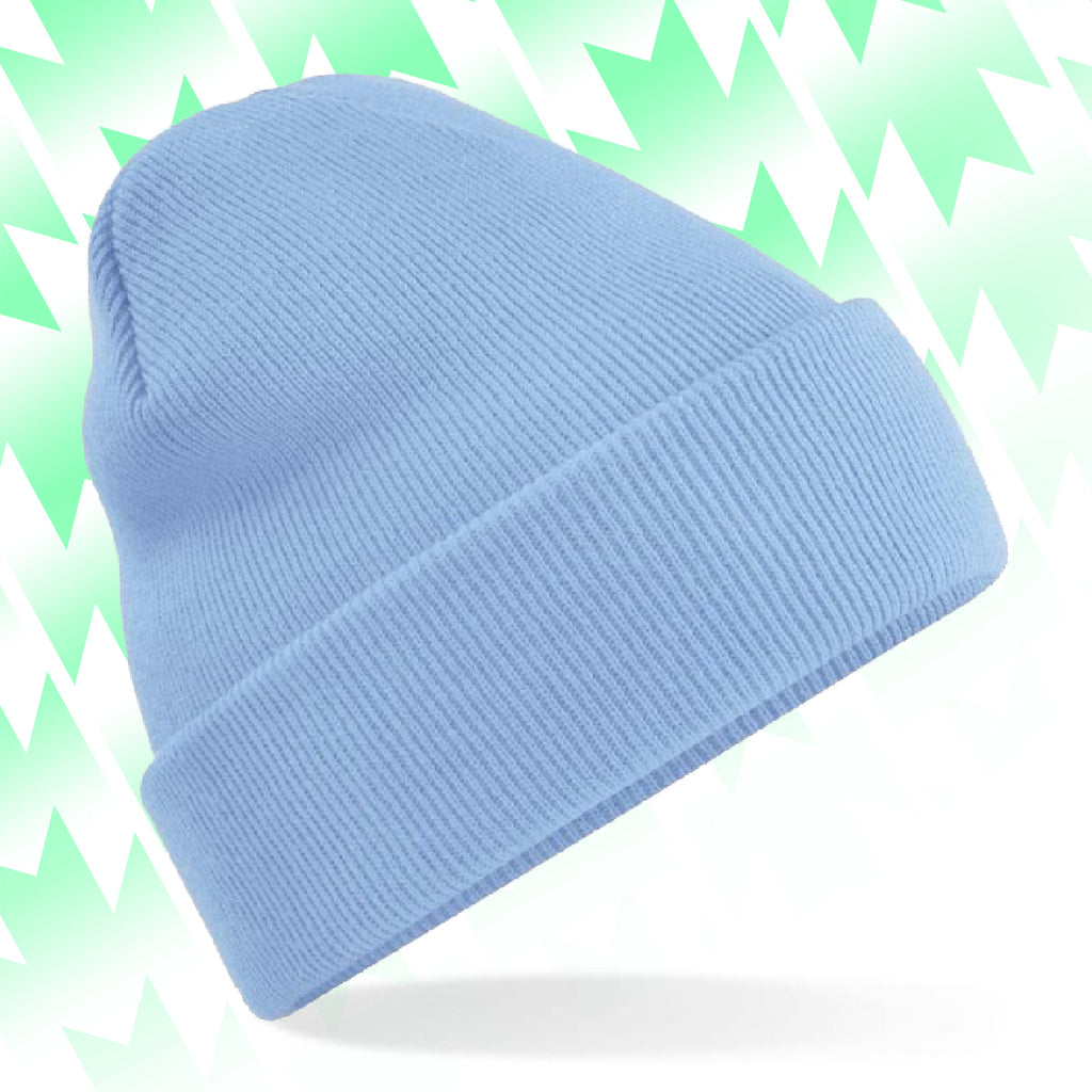 Tails FC Light blue beanie on a white background with green triangular patterns