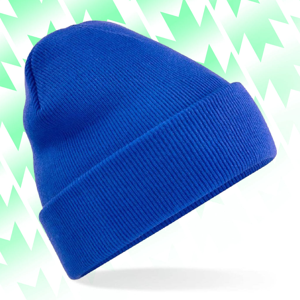 Tails FC Blue beanie on a light green and white patterned background