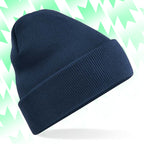 Tails FC Navy blue beanie on a light green and white patterned background