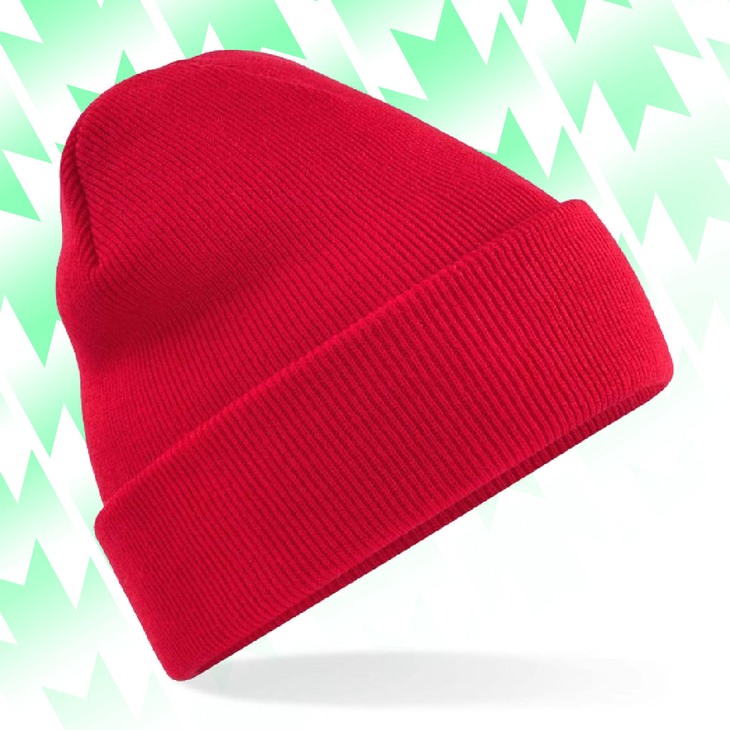 Tails FC Red beanie hat on a light green and white patterned background