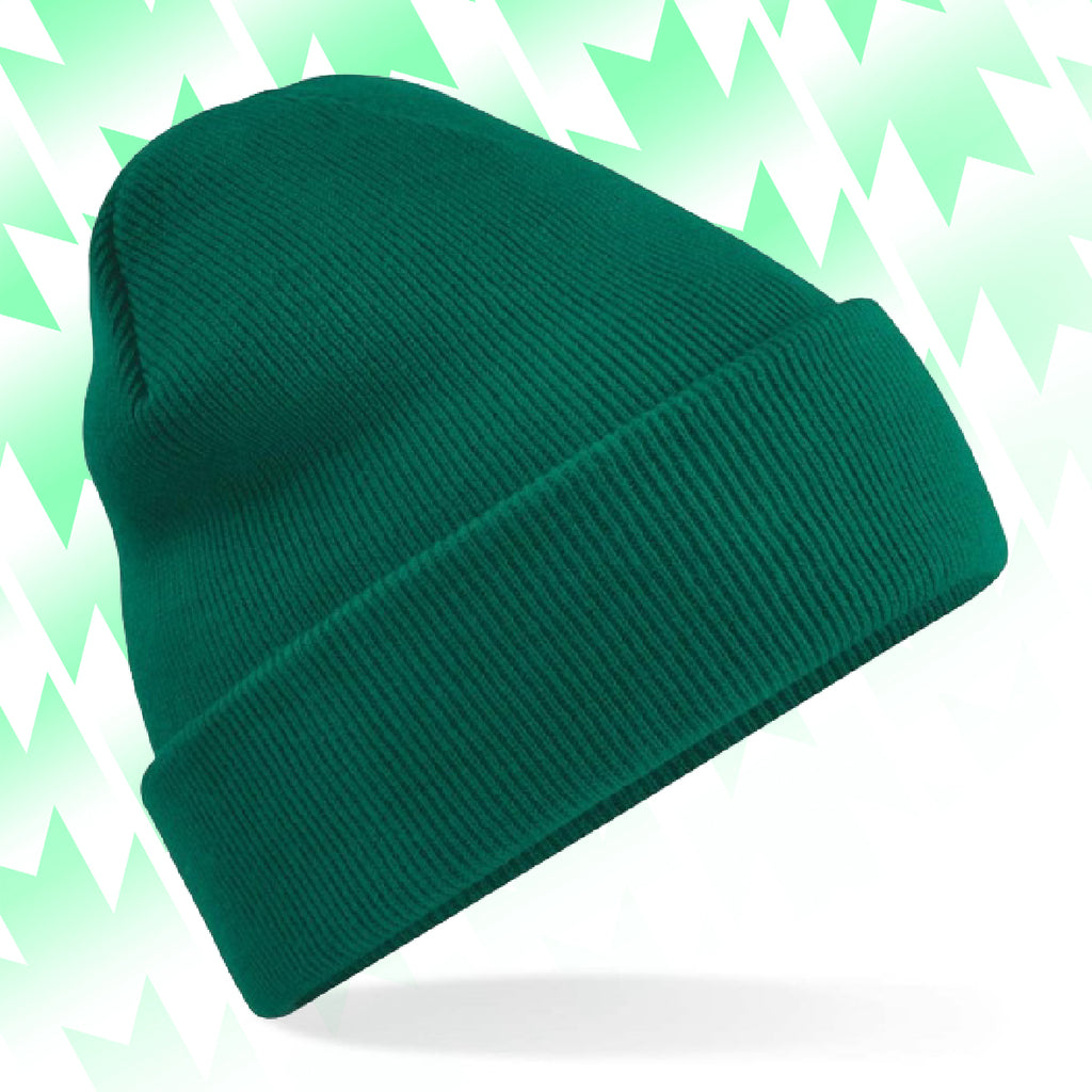 Green Tails FC beanie on a light green and white patterned background