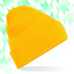 Tails FC Yellow beanie on a light green and white patterned background