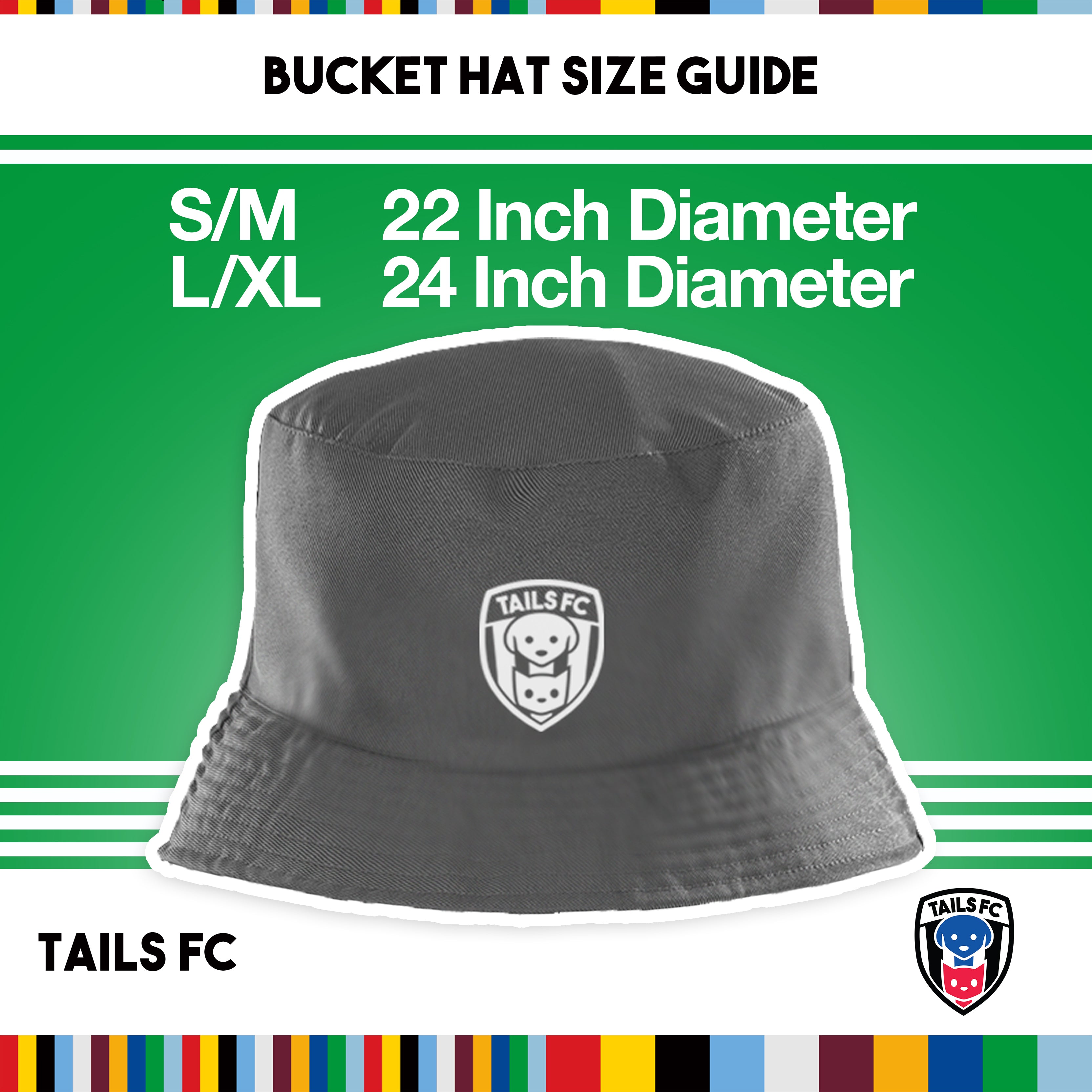 Tails FC Gray bucket hat with TAILS FC logo on a green background with size guide text.