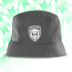 Tails FC Gray bucket hat with a logo on a light green and white striped background