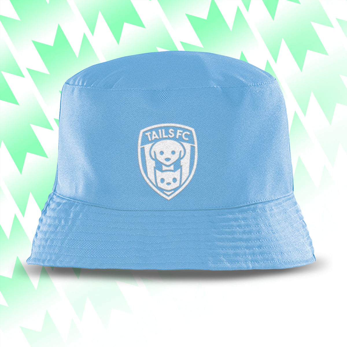 Tails FC Blue bucket hat with a logo on a light green and white chevron patterned background