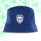 Tails FC Blue bucket hat with a white logo on a light green and white chevron patterned background