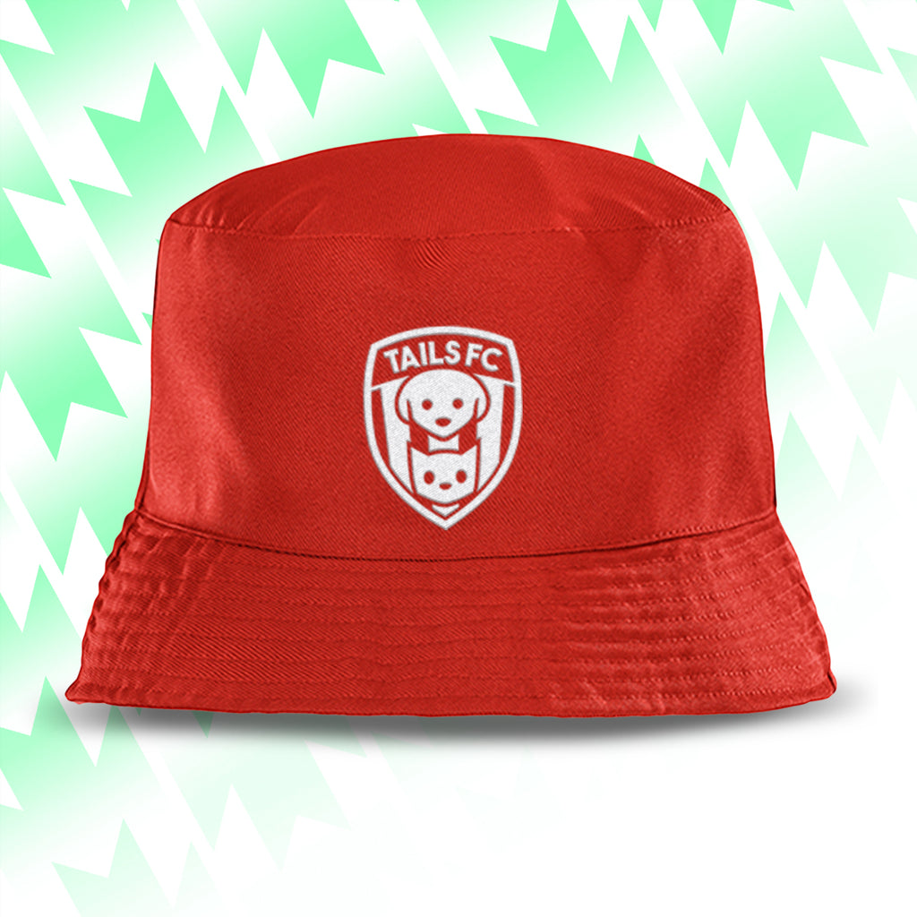 Tails FC Red bucket hat with a white logo on a light green background