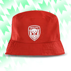Tails FC Red bucket hat with a white logo on a light green background