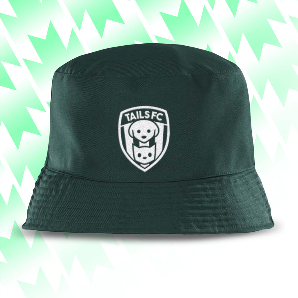 Tails FC Green bucket hat with a white logo on a light green background