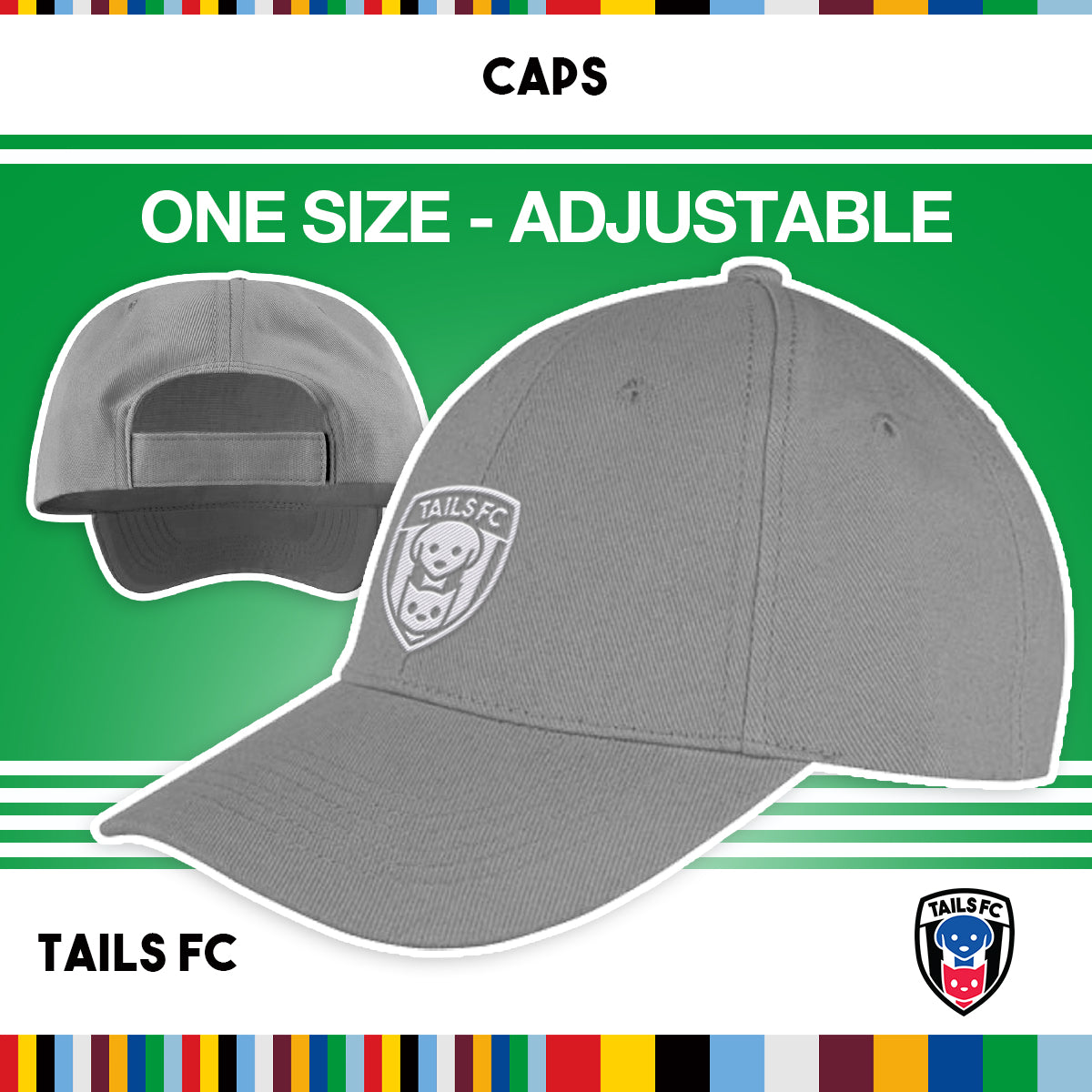 Gray cap with TAILS FC logo on a green background