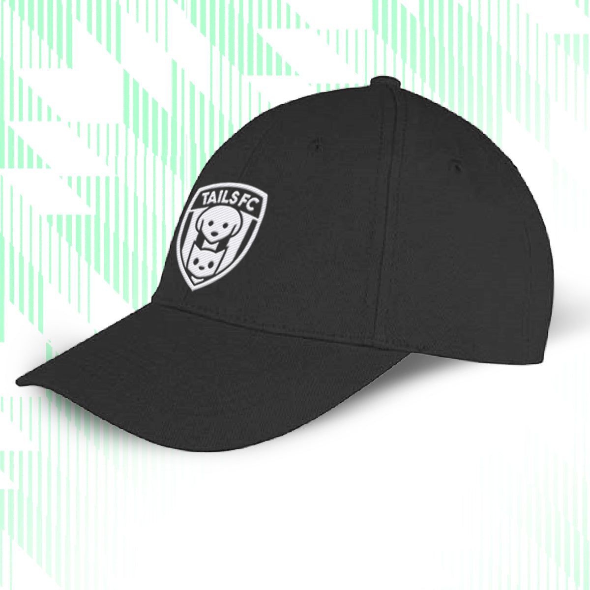 Black cap with TAILS FC logo on a light green and white striped background