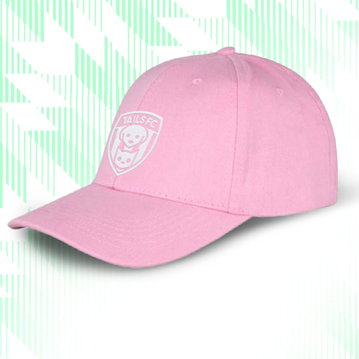 Tails FC Pink cap with a logo on a light green background