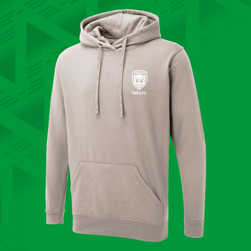 Tails FC Beige hoodie with a logo on a green background