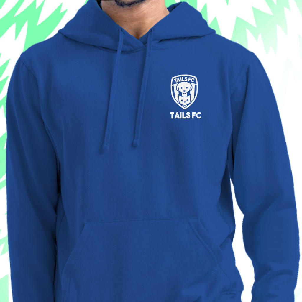 Blue hoodie with TAILS FC logo on a white background