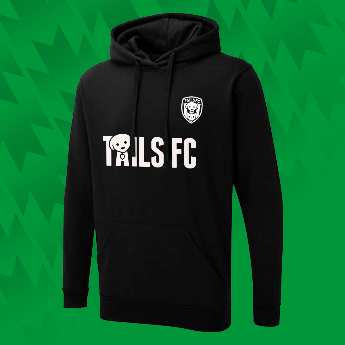 Black hoodie with 'TAILS FC' text and logo on a green background