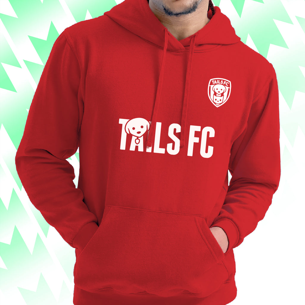Red hoodie with 'TALLS FC' text and logo on a light green background