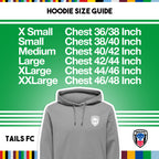 Hoodie size guide with TAILS FC logo on a green background