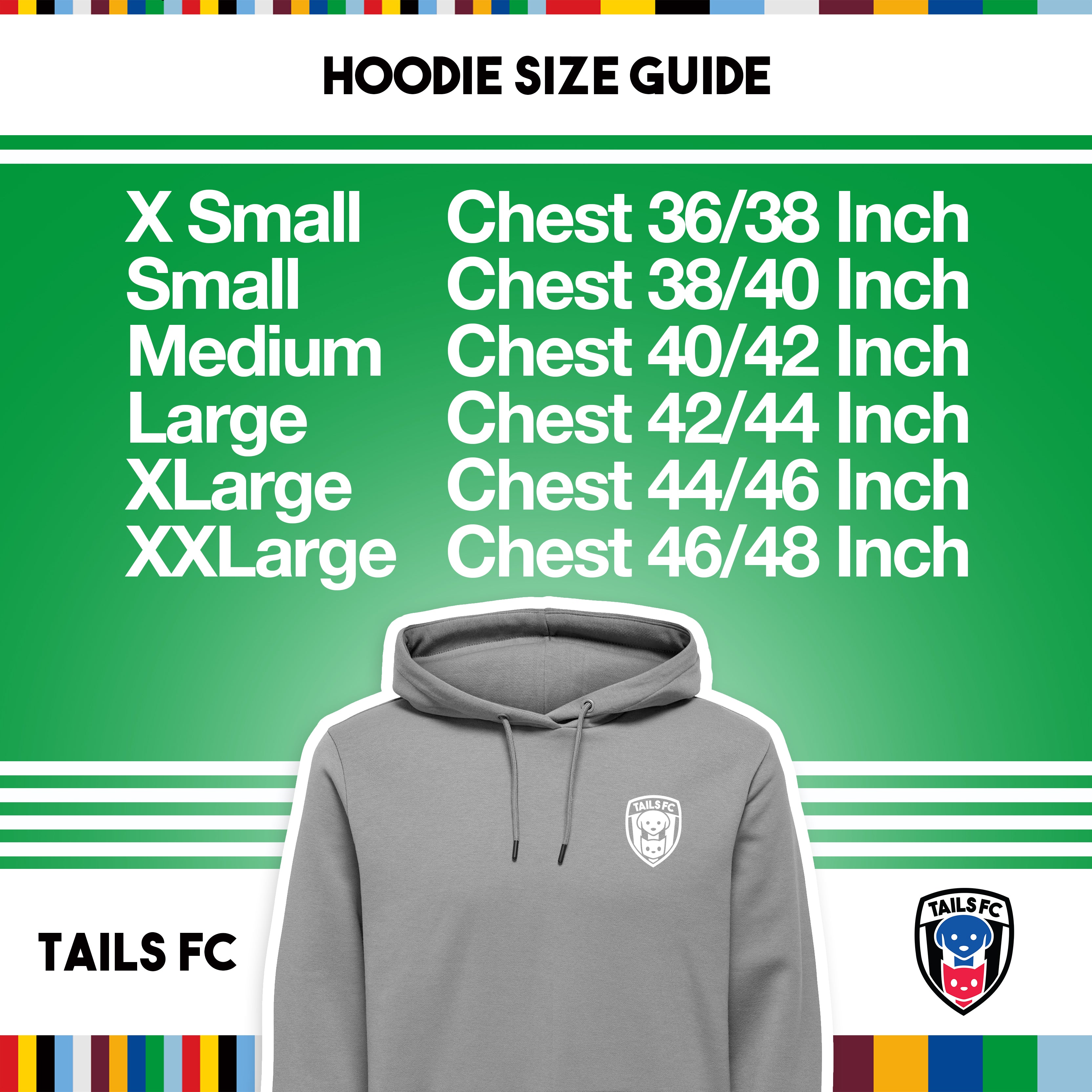 Hoodie size guide with TAILS FC logo on a green background