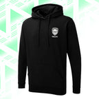 Tails FC Black hoodie with a logo on the chest against a green and white geometric patterned background