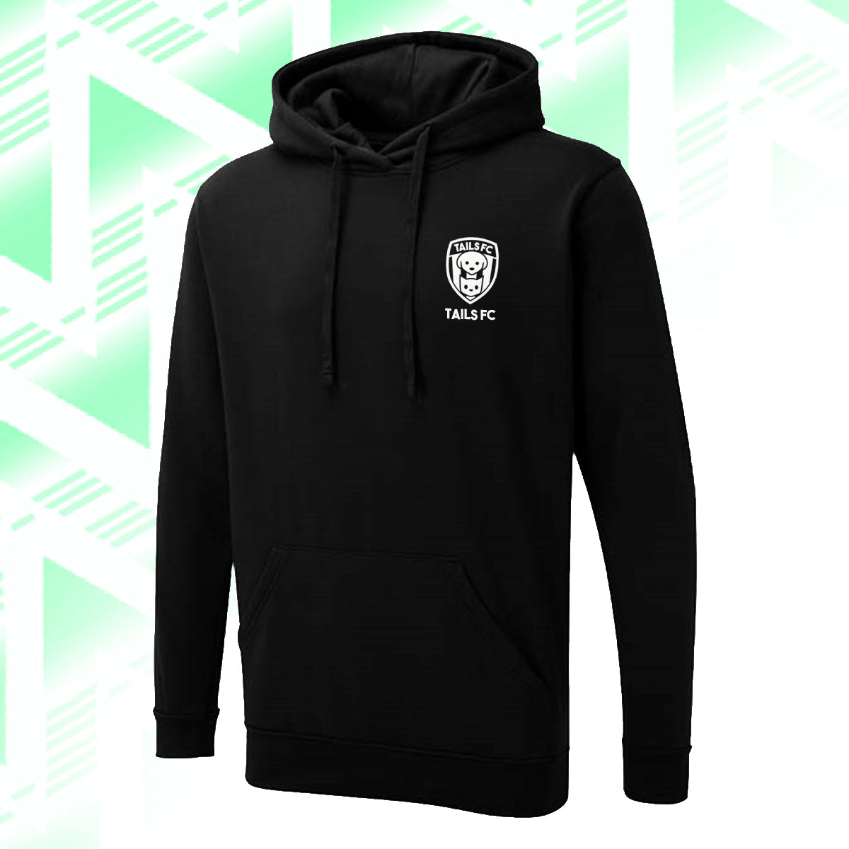 Tails FC Black hoodie with a logo on the chest against a green and white geometric patterned background