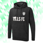 Black hoodie with 'TAILS FC' text and logo on a green and white abstract background