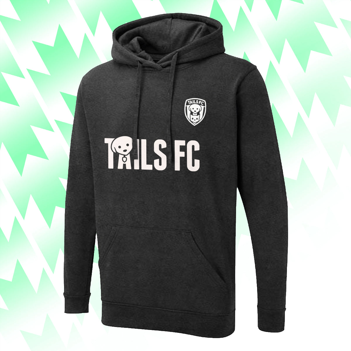 Black hoodie with 'TAILS FC' text and logo on a green and white abstract background
