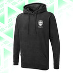 Tails FC Charcoal hoodie with a logo on a green and white geometric patterned background