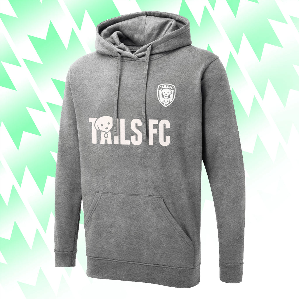 Gray hoodie with 'TAILS FC' text and logo on a green and white abstract background