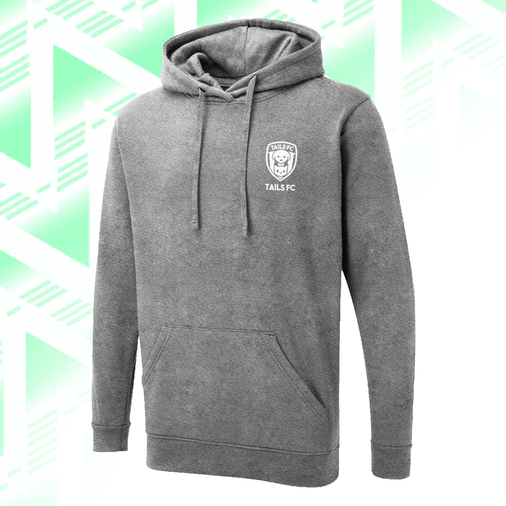 Tails FC Gray hoodie with a logo on a green and white geometric patterned background