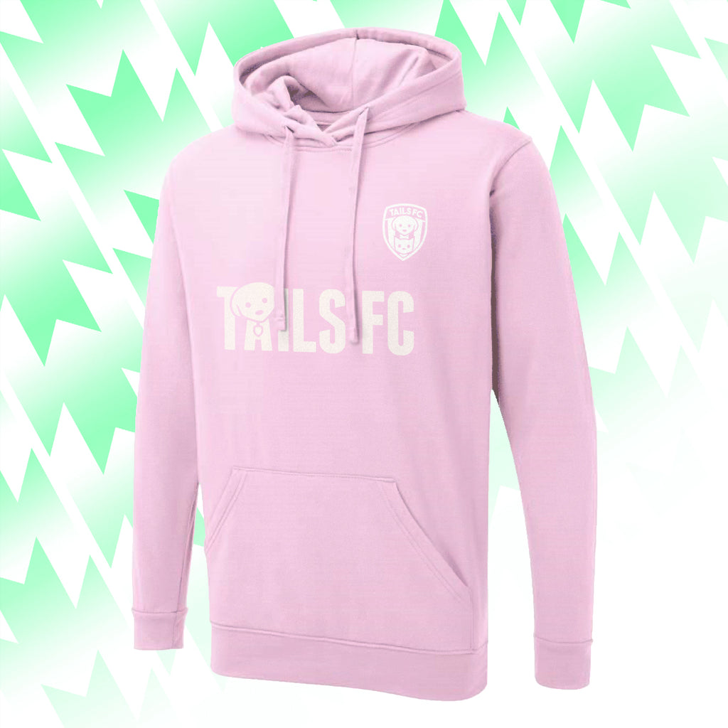 Pink hoodie with 'TROLLS FC' text on a green and white abstract background
