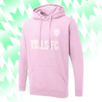Pink hoodie with 'TROLLS FC' text on a green and white abstract background