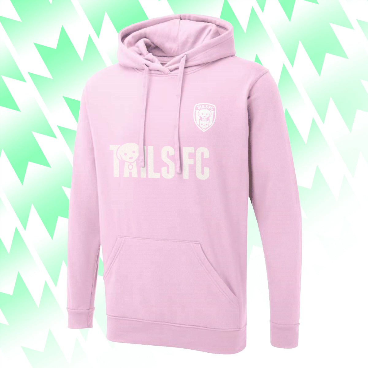 Pink hoodie with 'TROLLS FC' text on a green and white abstract background