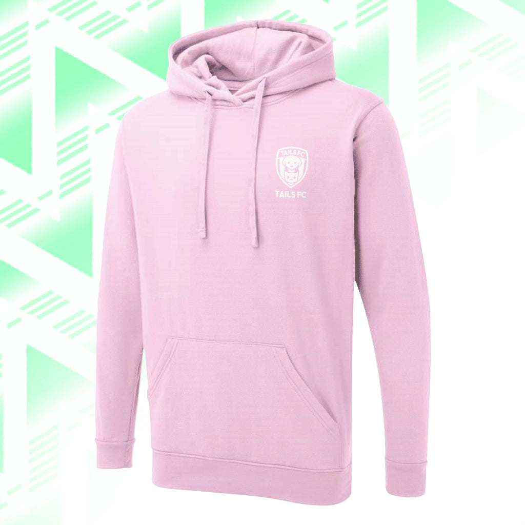 Tails FC Pink hoodie with a logo on a green and white geometric patterned background