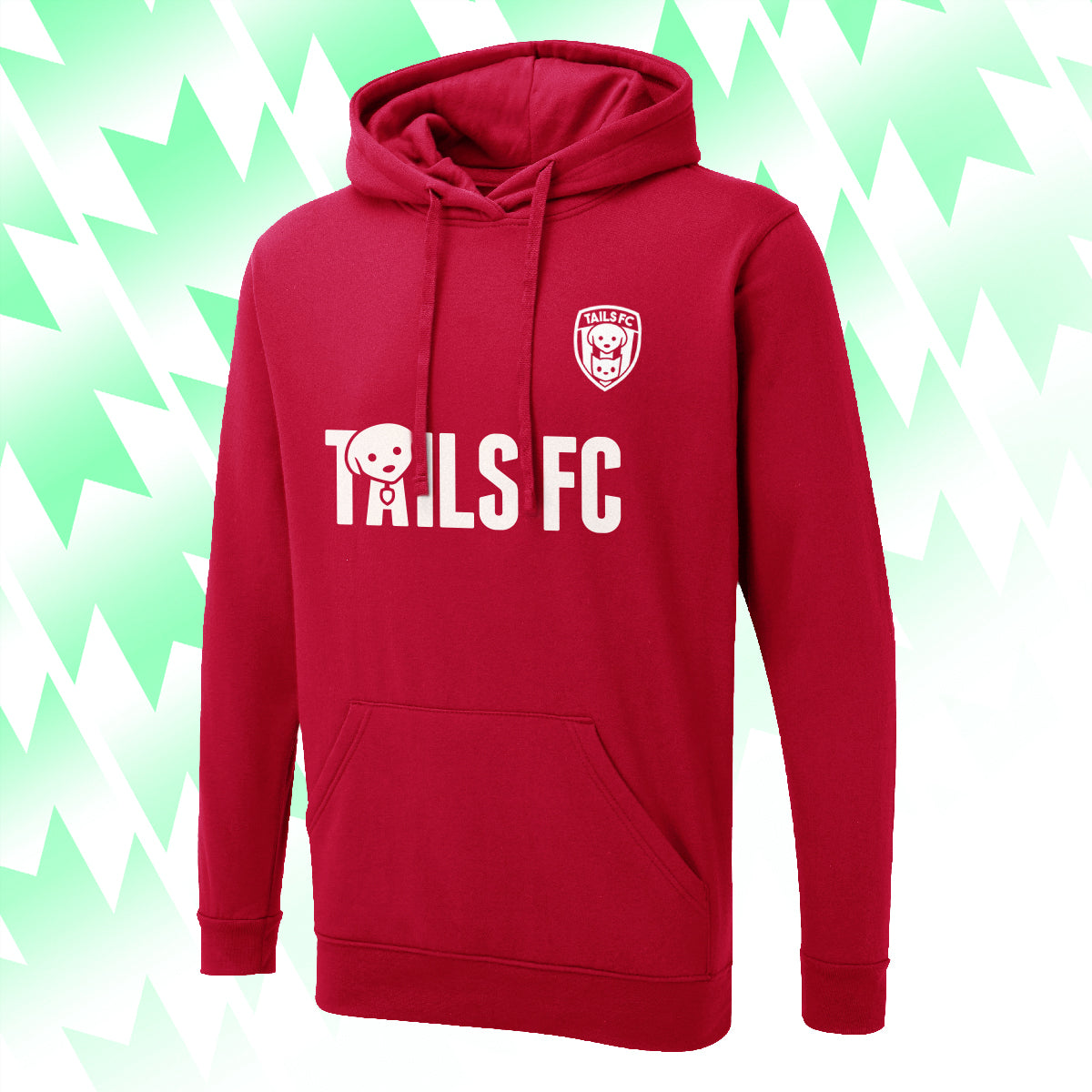 Red hoodie with 'TAILS FC' text and logo on a green and white geometric patterned background