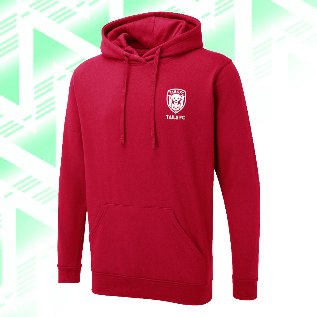 Tails FC Red hoodie with a logo on a green and white geometric patterned background