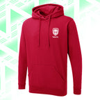 Tails FC Red hoodie with a logo on a green and white geometric patterned background